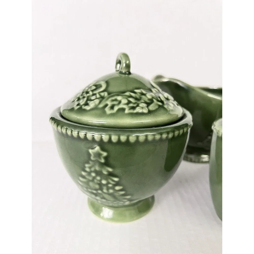 Cracker Barrel Christmas -Peace on Earth Creamer/Sugar, salt/pepper,  green